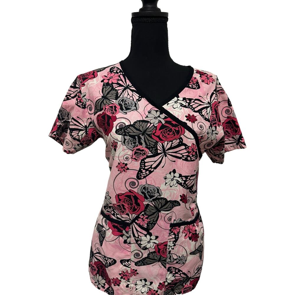 Tafford Scrub Black and Pink Butterfly and Roses - Womens Size Small